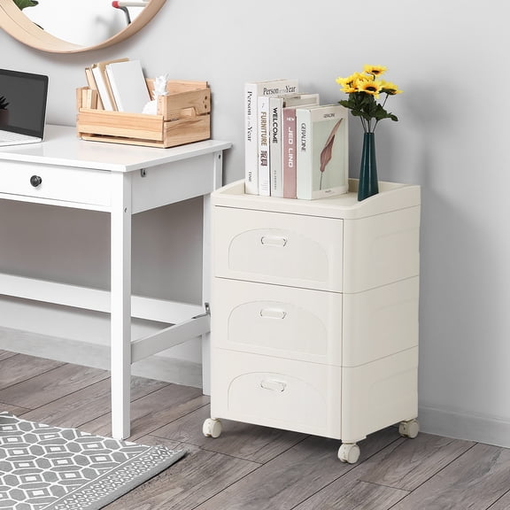 White 3‑Drawer Plastic Storage Cart with Wheels, Narrow Nightstand for Bedroom, Bathroom, Living Room