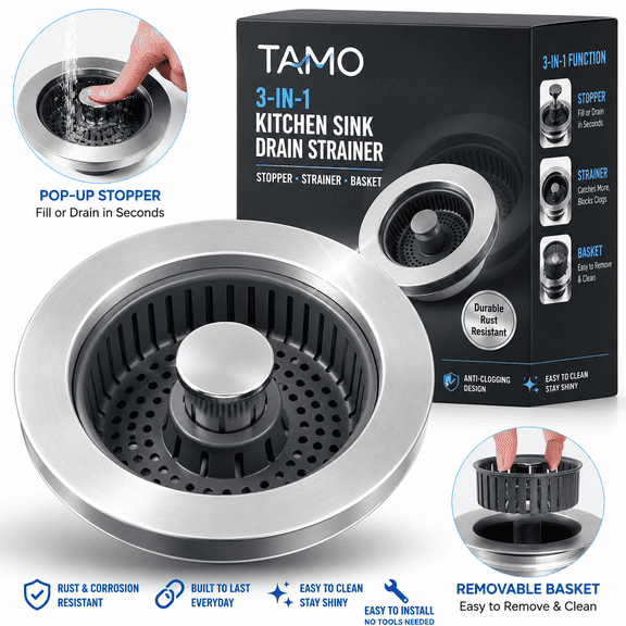 TAMO 3in1 Kitchen Sink Drain Strainer with Anti-Clogging Basket, Stainless Steel Drain Stoppers