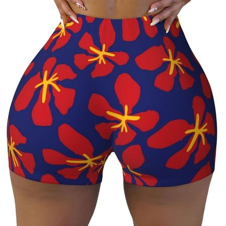 Workout Shorts Women  Red Floral Biker Shorts for Women Running Gym Spandex Shorts Tummy Control