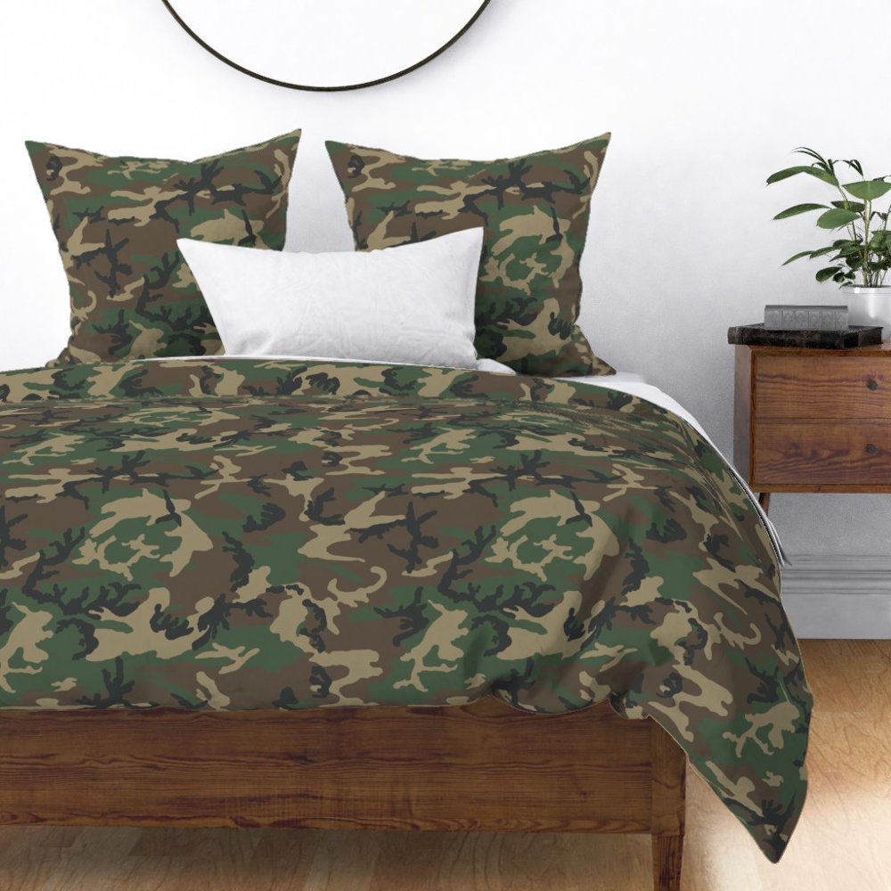 Standard Woodland Camo Green And Black Camouflage Sateen Duvet Cover by