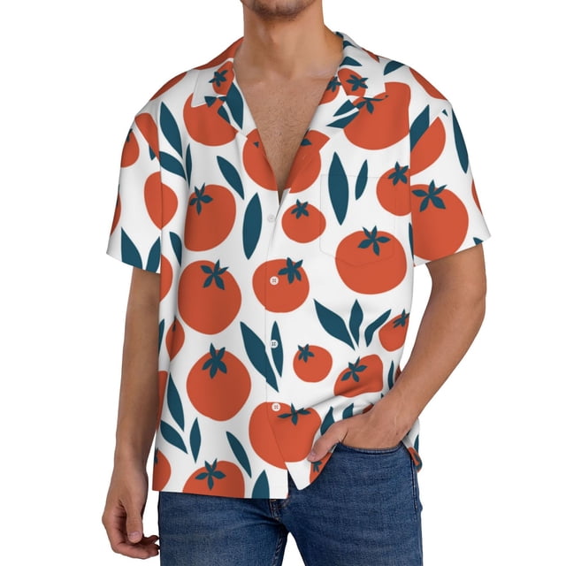 Balery Hand Drawn Tomatoes Camisa Casual de Manga Corta con Botones para Hombre, Texturizada, Estilo Cubano, para Playa, Verano-Large