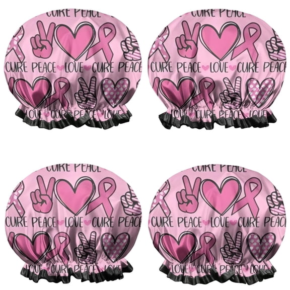Shower Caps,Pink Breast Cancer and Love Waterproof Shower Cap for Women 4 Pieces,Double Reusable Hair Cover for Shower PEVA Elastic Stretch Hem