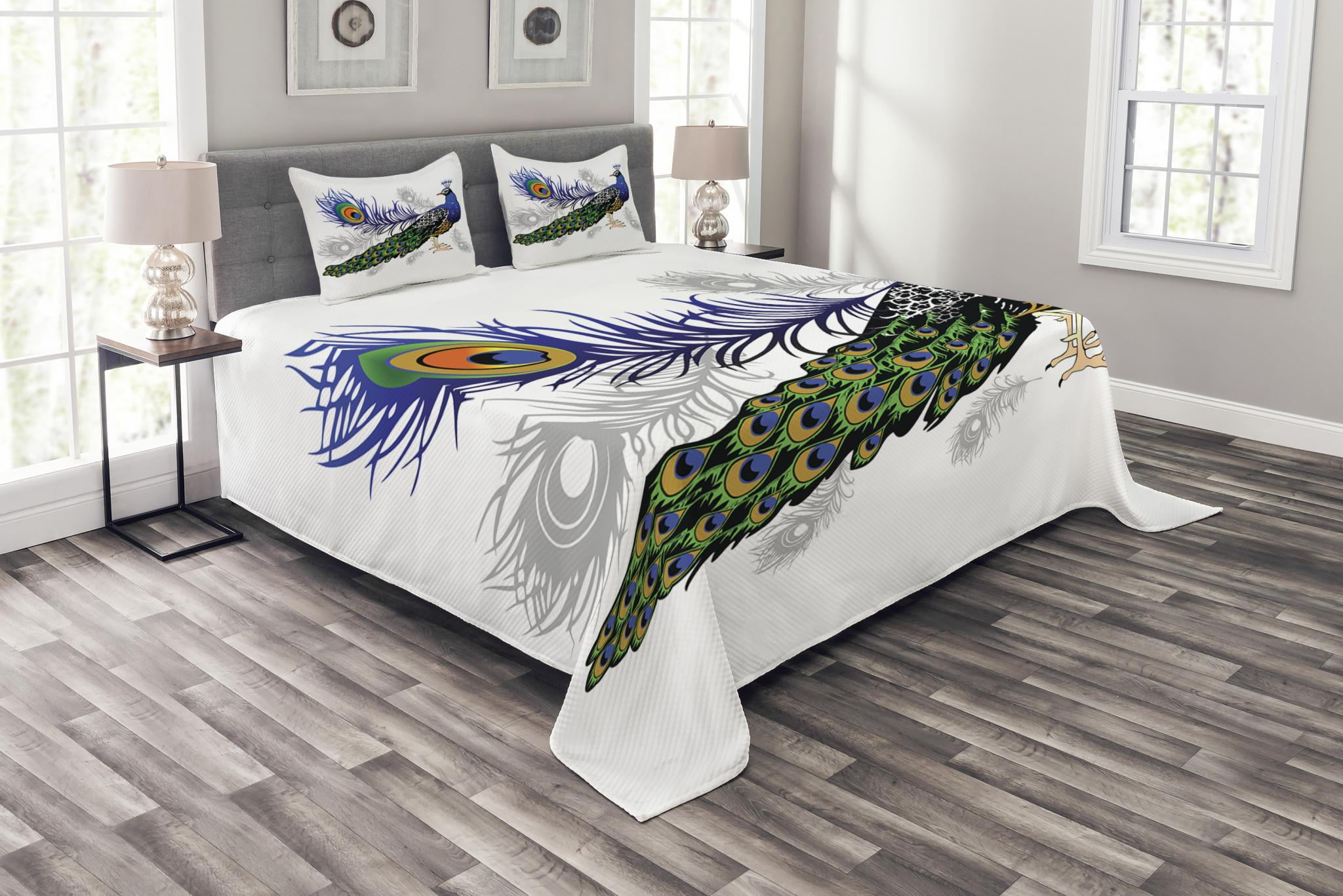 Peacock Bedspread Set Queen Size, Male Peacock Feathers Springtime