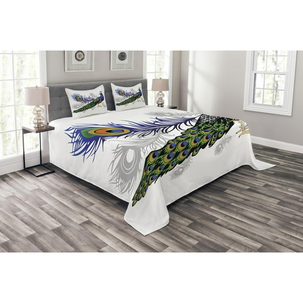 Peacock Bedspread Set Queen Size, Male Peacock Feathers Springtime Wilderness Crowned Majestic