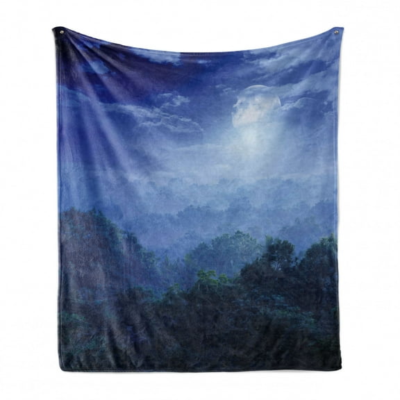 Fantasy Soft Flannel Fleece Throw Blanket, Moonlight Covers the Jungles of Sri Lanka Hazy Rainforest Scenery View Image, Cozy Plush for Indoor and Outdoor Use, 50" x 70", Green and Blue, by Ambesonne