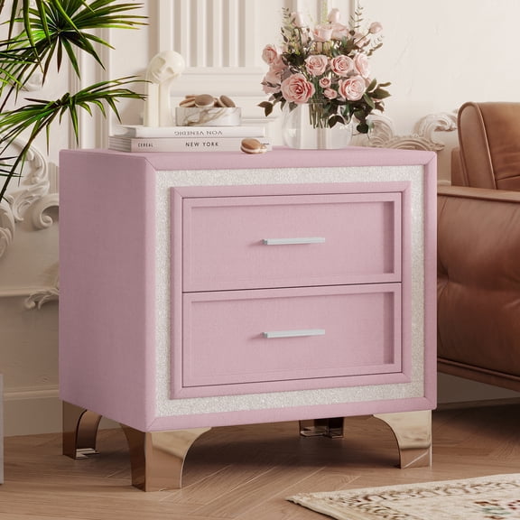 Mid Century Velvet Nightstand with Silver Glitter Strip Decor and Metal Legs - Fully Assembled Pink Bedside Table with 2 Drawers for Bedroom