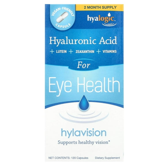 Hyalogic HylaVision Eye Health Supplements: Hyaluronic Acid, Lutein and Zeaxanthin Dietary Supplements for Vision Support (120 Capsules)— Vegan Formula