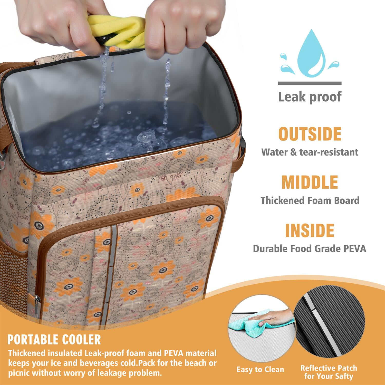 Travel Cooler Bag - Pioneer Flower Floral Print Pattern Camping Beer Cooler Backpack with Bottle Opener- Waterproof Insulated Picnic Backpacks - Cooler Bag for Beach