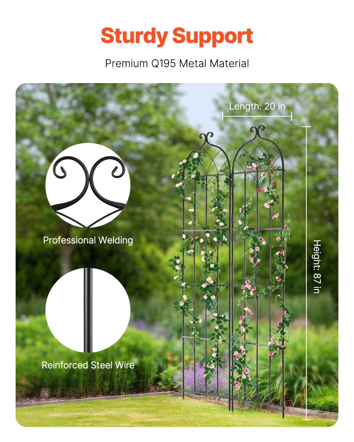 2-Pack 87x20 Inch Metal Garden Trellis for Climbing Plants, Outdoor Rust-Proof Plant Support Trellis for Vine Vegetables, Flowers