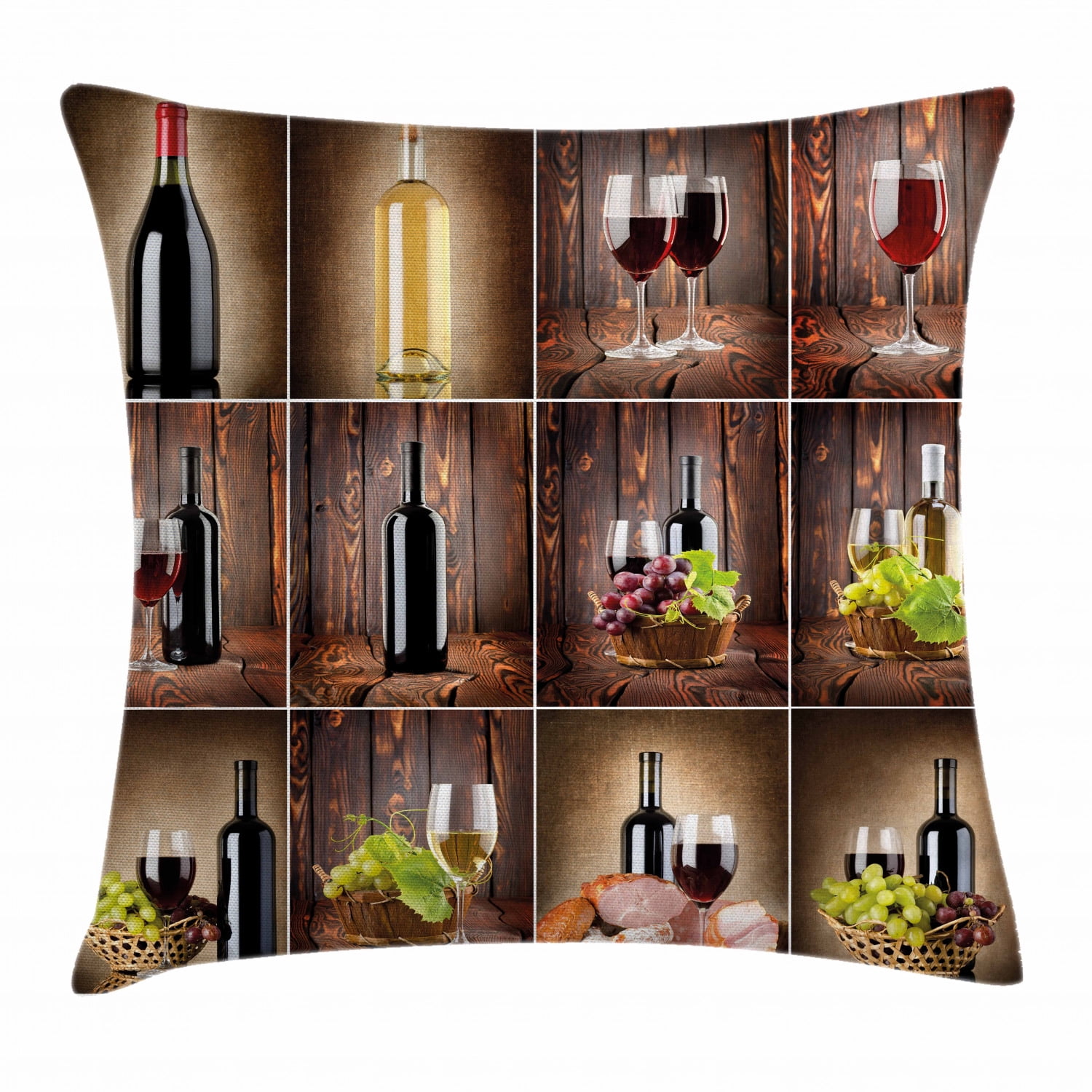 Wine Throw Pillow Cushion Cover, Wine Themed Collage on Wooden Backdrop