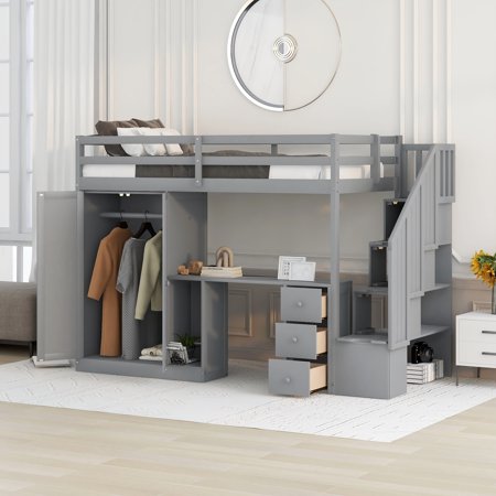 Euroco Twin Size Pine Wood Loft Bed with Desk  Drawers and Wardrobe for Kids Room  Storage Staircase  Sapce-Saving Shelf  Gray