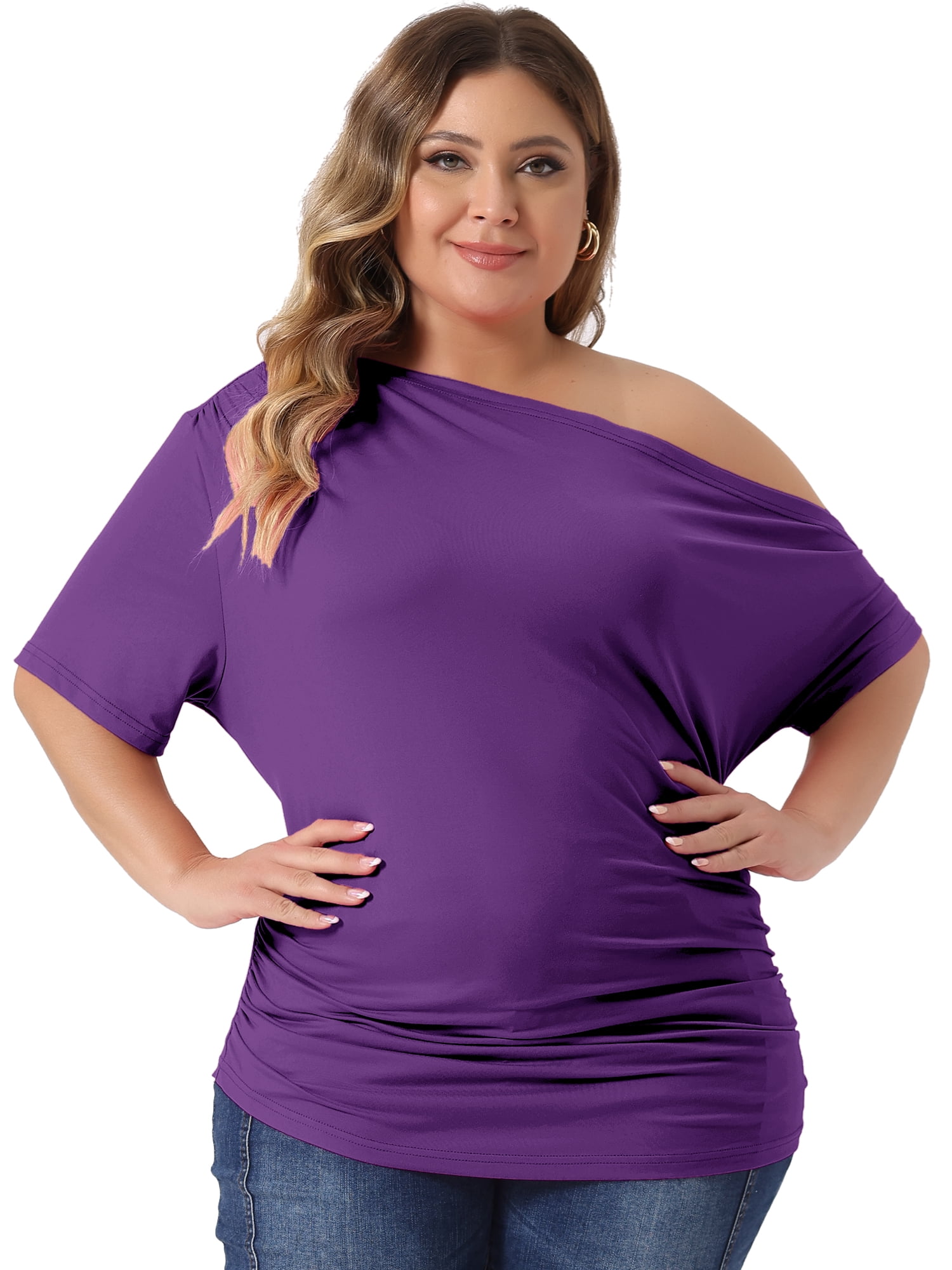 Women's Plus Tops One Shoulder Short Sleeve Ruched Basic Blouses Summer Tee Tops 4X Dark Purple