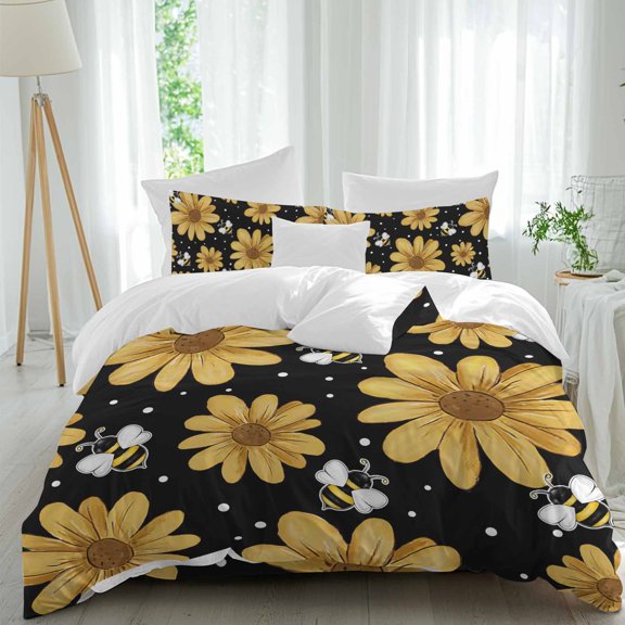 Yellow Floral 4 piece Duvet Cover Set, Comfort Bedding Set Twin Size Include a Duvet Cover, a Bed Sheet, 2 Pillowcase with Zipper for All Season