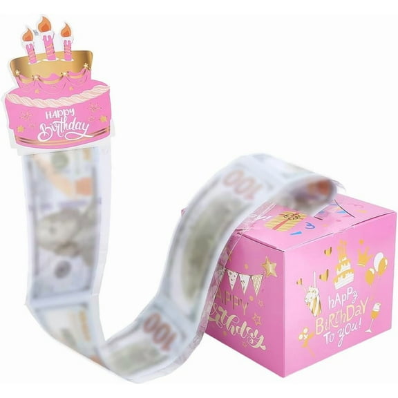 1 Set 5.12x5.12 Inch Pink Birthday Money Box Money Roll Gift Box Paper Surprise Present Pull Out Happy Birthday Card 30Pcs Clear Bags Stickers Cash Gifts Ideas for Party Decor Women Friends 1set