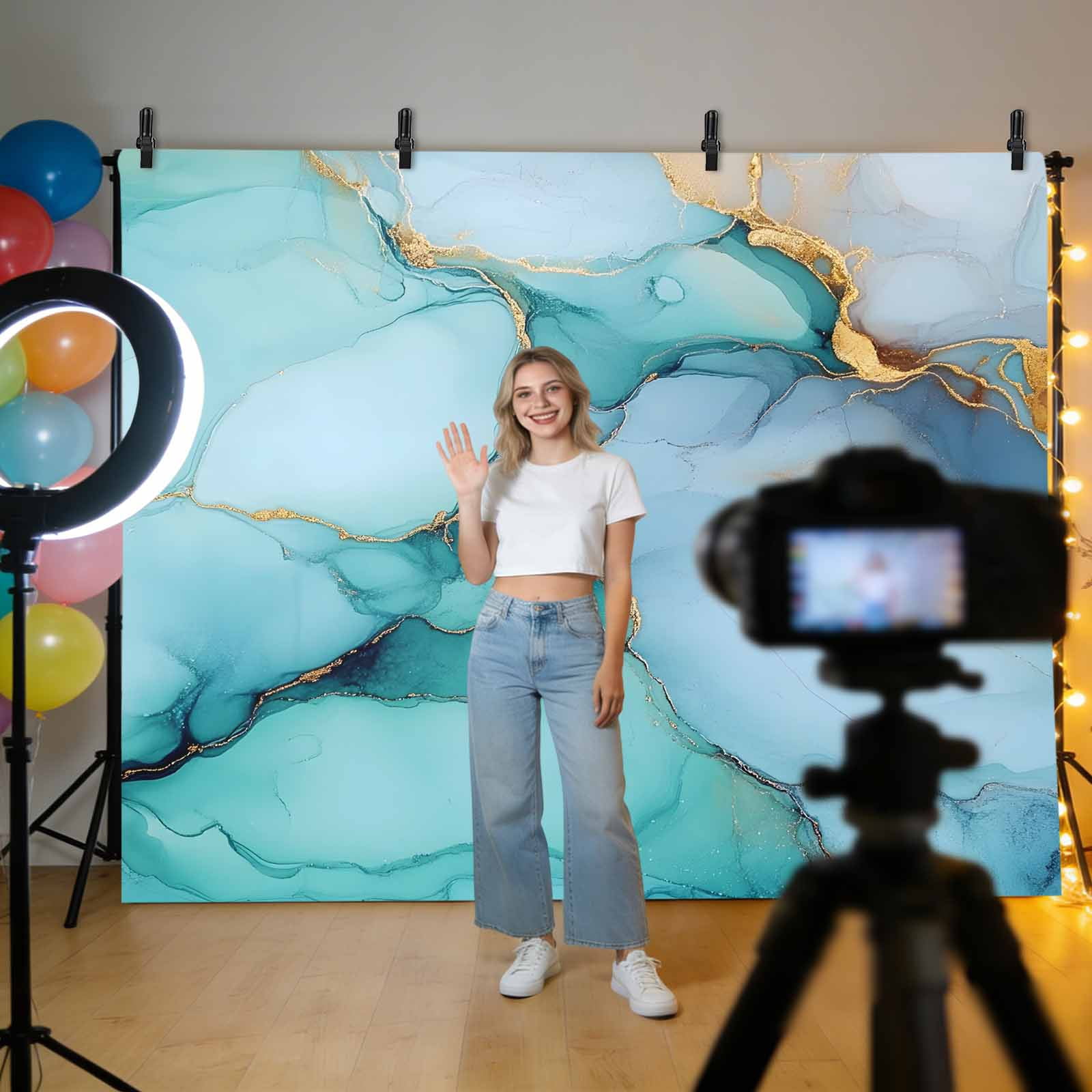 Teal Marble Backdrop for Photography,Fabric Photo Background Backdrop,Contemporary Ink Painted Abstract Art Photo Booth Background for Portrait Photoshoot Video Wedding Studio Decoration Banner 7x5ft