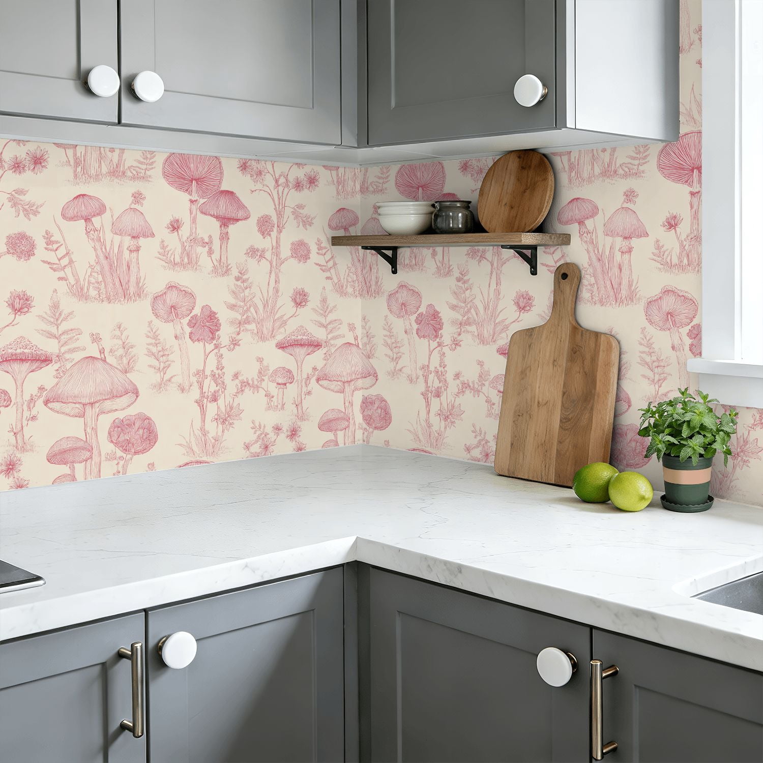 Boho Peel and Stick Wallpaper Detailed Botanical Mushroom Soft Pink Hues Wall Mural 23.6in x 9.8ft Self Adhesive Removable Wall Paper Renter Friendly Wallpaper for Bedroom Kitchen Farm