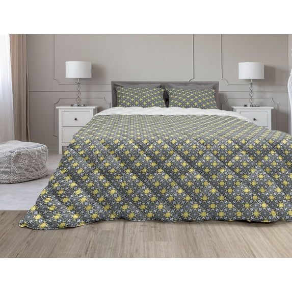 Abstract Comforter & Sham Bedding Set, Surreal Structure of Geometric Pointy Shapes Graphical, 3 pcs Duvet Set Microfiber Filling Quilt, 5 Sizes, Mustard Dimgray, by Ambesonne