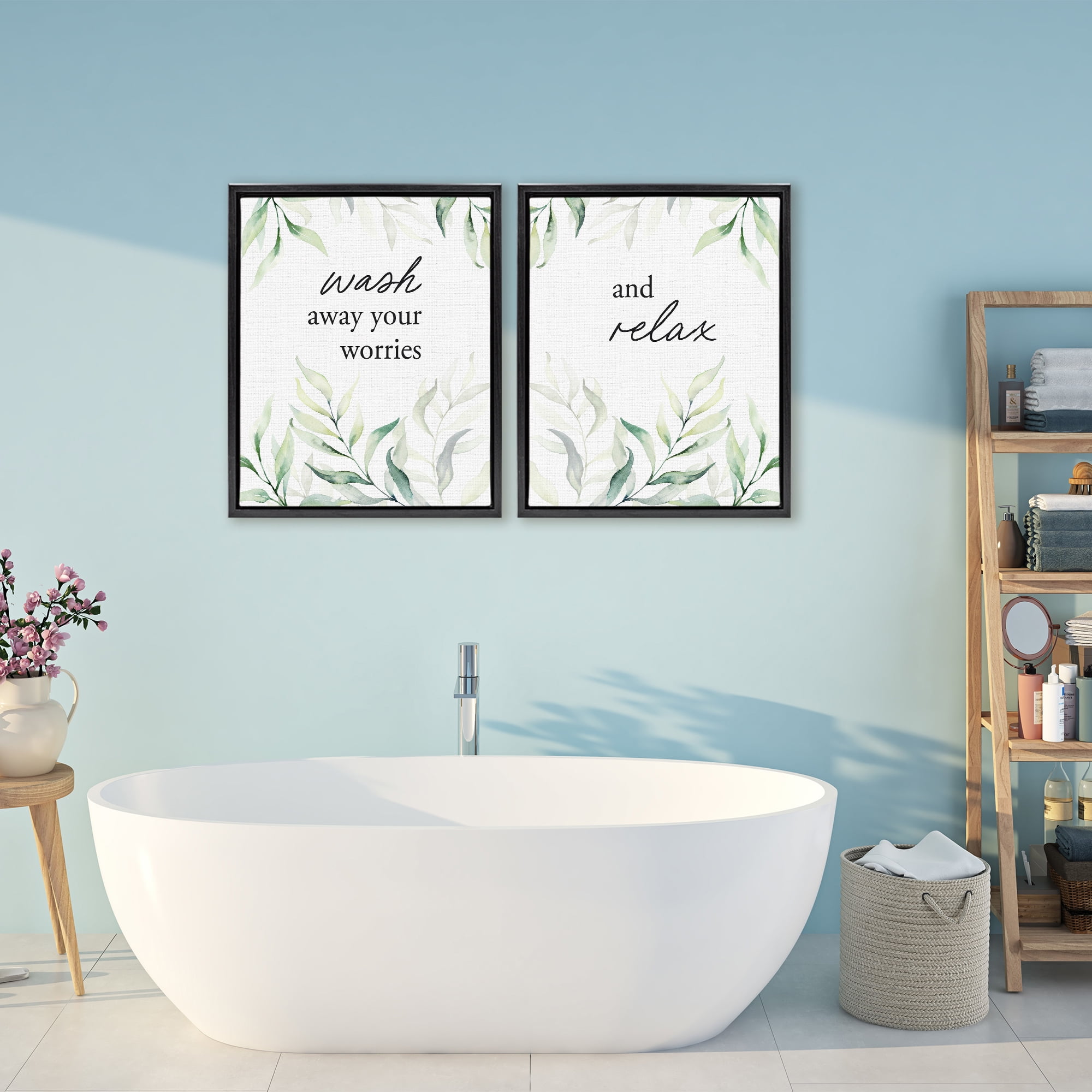 Soothing Bathroom Greenery Words 2 Piece Black Framed Floater Canvas Set, design by Lettered and Lined