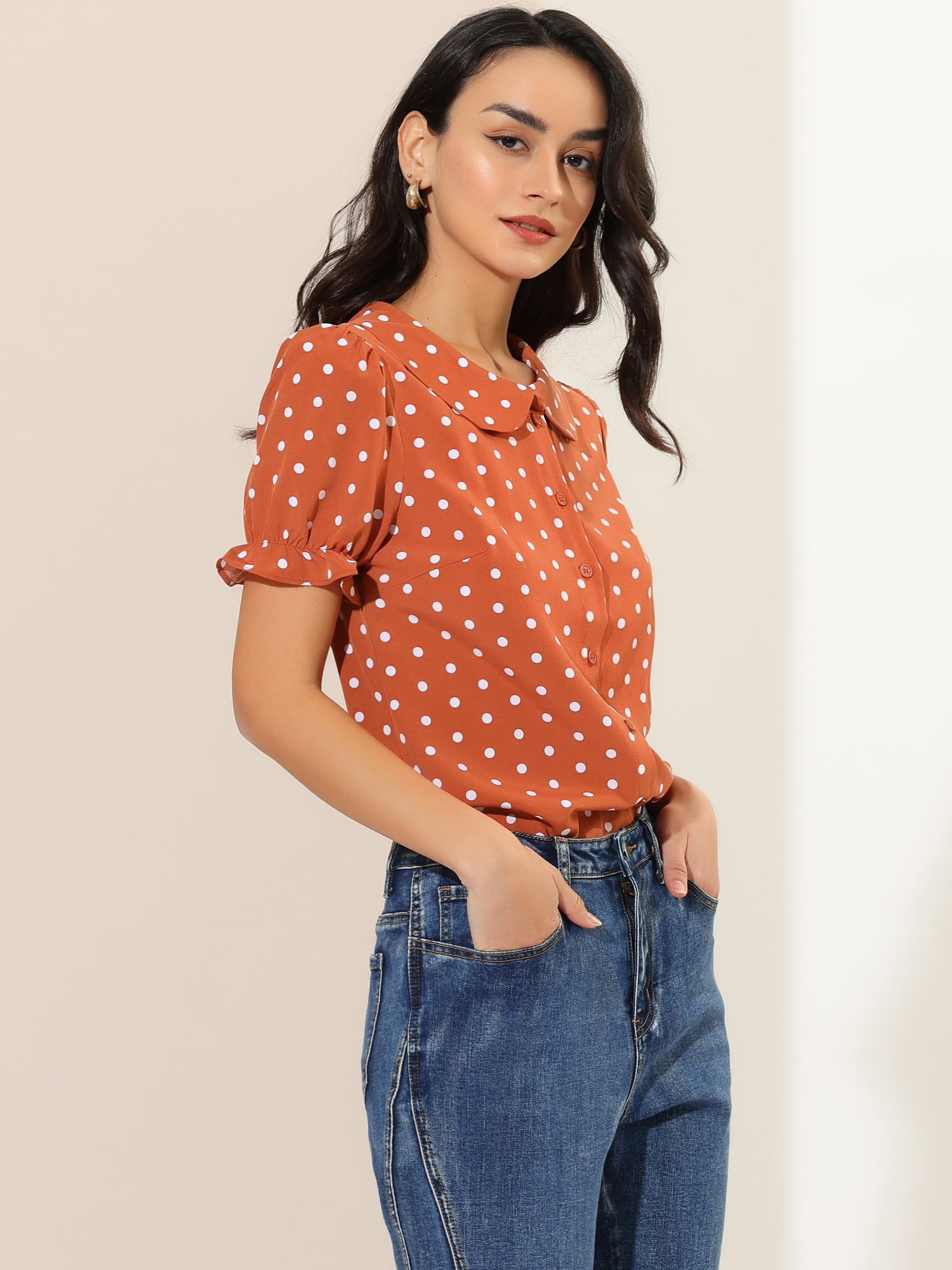 DARING DIVA Women's Polka Dots Doll Collar Puff Short Sleeve Shirts L Orange Red