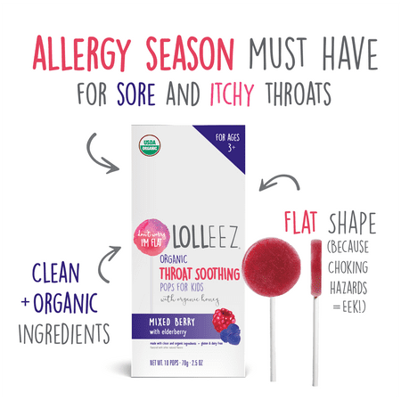 Lolleez Organic Throat Soothing Pops for Kids, Mixed Berry Flavor, 10 Count