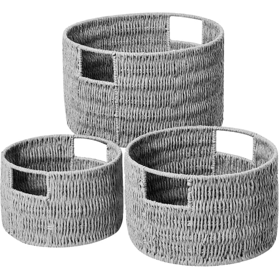 Wicker Storage Basket, Hand-Woven Paper Rope Large Round Woven Basket With Handles, Wicker Baskets for Organizing/Storage, Grey, 3-Pack