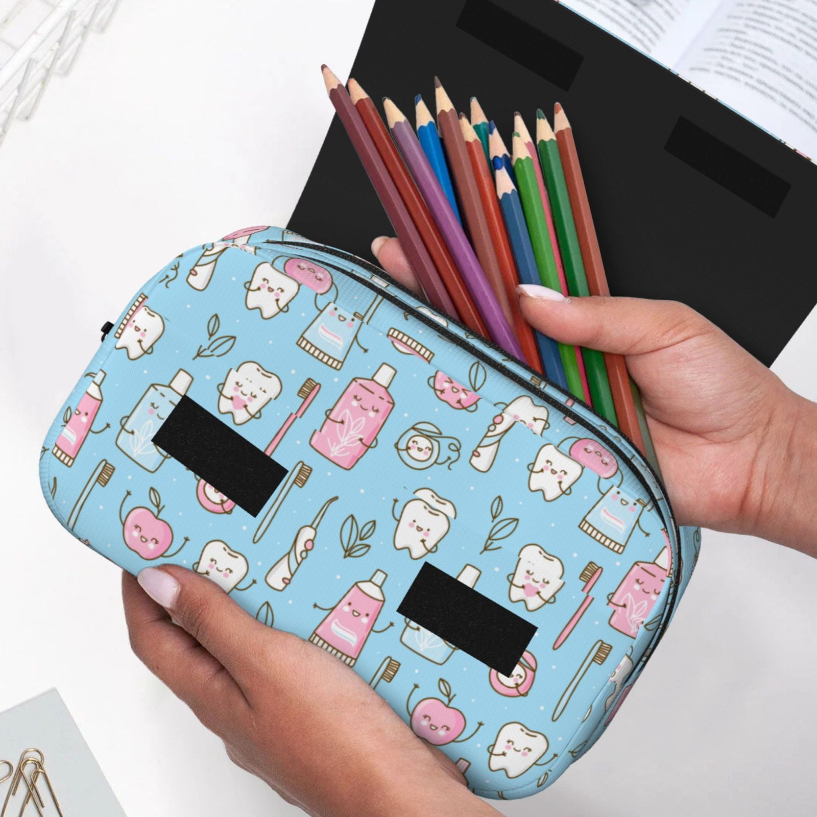 Rateoe Funny Cute Teeth Pattern Double Clamshell Pen Case, Storage Organizer with Two Zipper Compartments– Holds Up to 50 Pencils & Pens