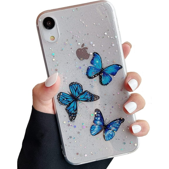 iPhone XR Case, 6.1-Inch, Bling Glitter Slim Protective Bumper Silicone Gel Clear Back Cover Butterfly Pattern Smooth Transparent Case Cover for iPhone XR, Blue