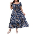 thumbnail image 1 of GRACE & GRANDEUR Vestido Floral de Talla Grande para Mujeres con Cuello Cuadrado Atado, Cintura Fruncida, Manga Corta, Abertura Lateral, Vestido Maxi A Linea 4X Azul Marino, 1 of 8