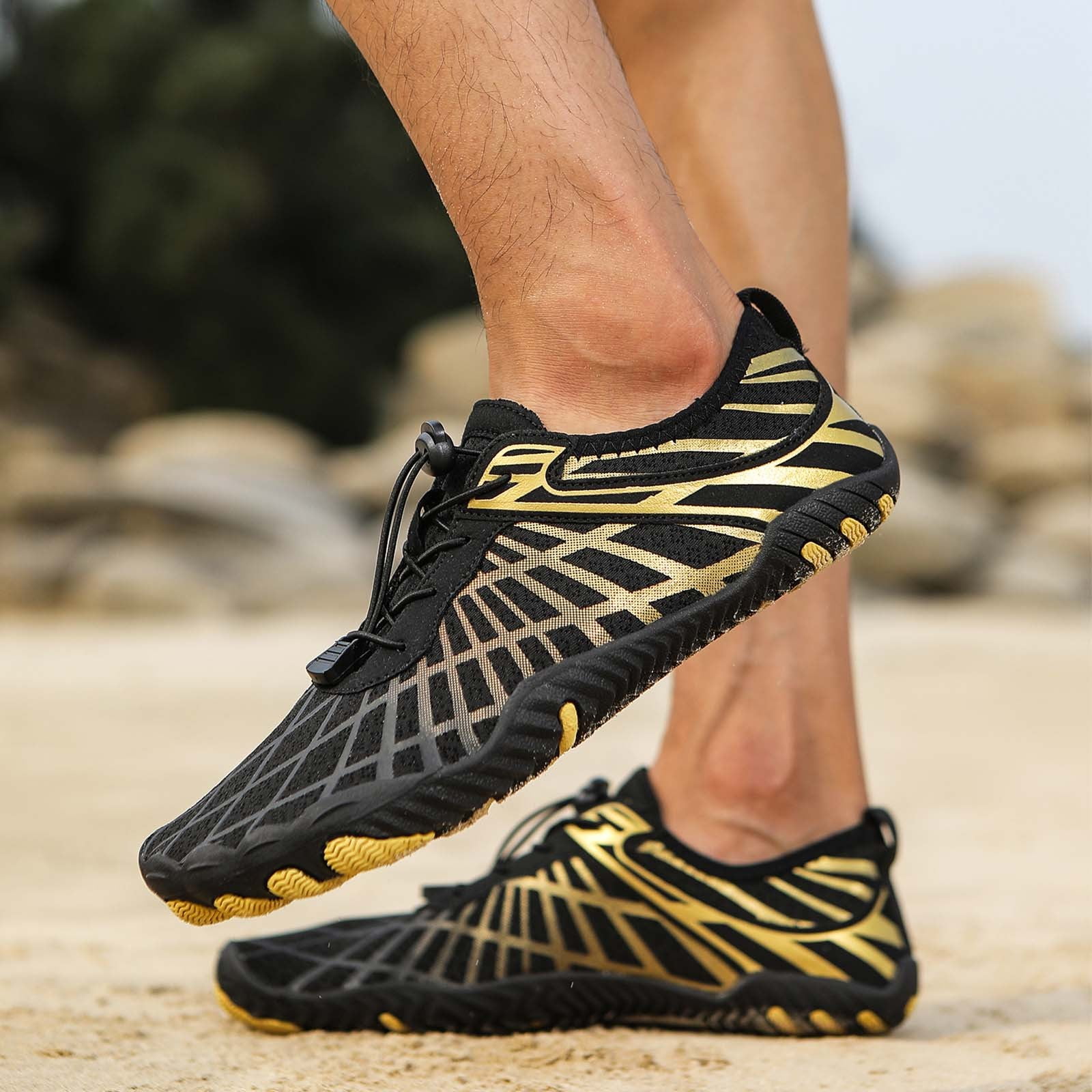 Dakaela Hike Barefoot Shoes Athletic Hiking Minimalist Water Sneakers Wide Toe Box Running Shoe Gold 6.5
