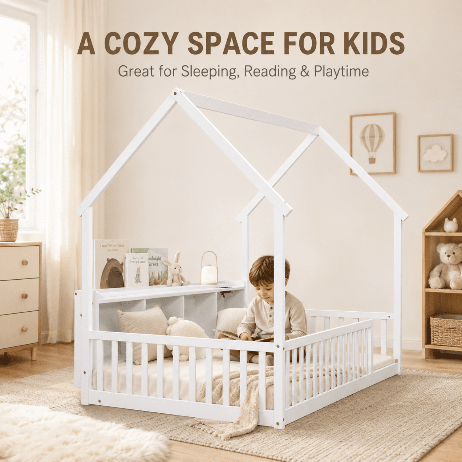 Miniyam Twin House Bed for Kids, Floor Bed with Storage, LED, Charging Station, White