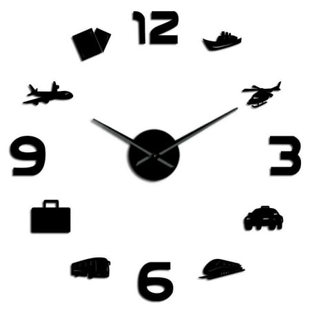 Travel Transport Vehicles Decorative DIY Wall Clock Passport Airplane Taxi Holiday Vacation Trips Mirror Effect Stickers Clock(Black,27inch)