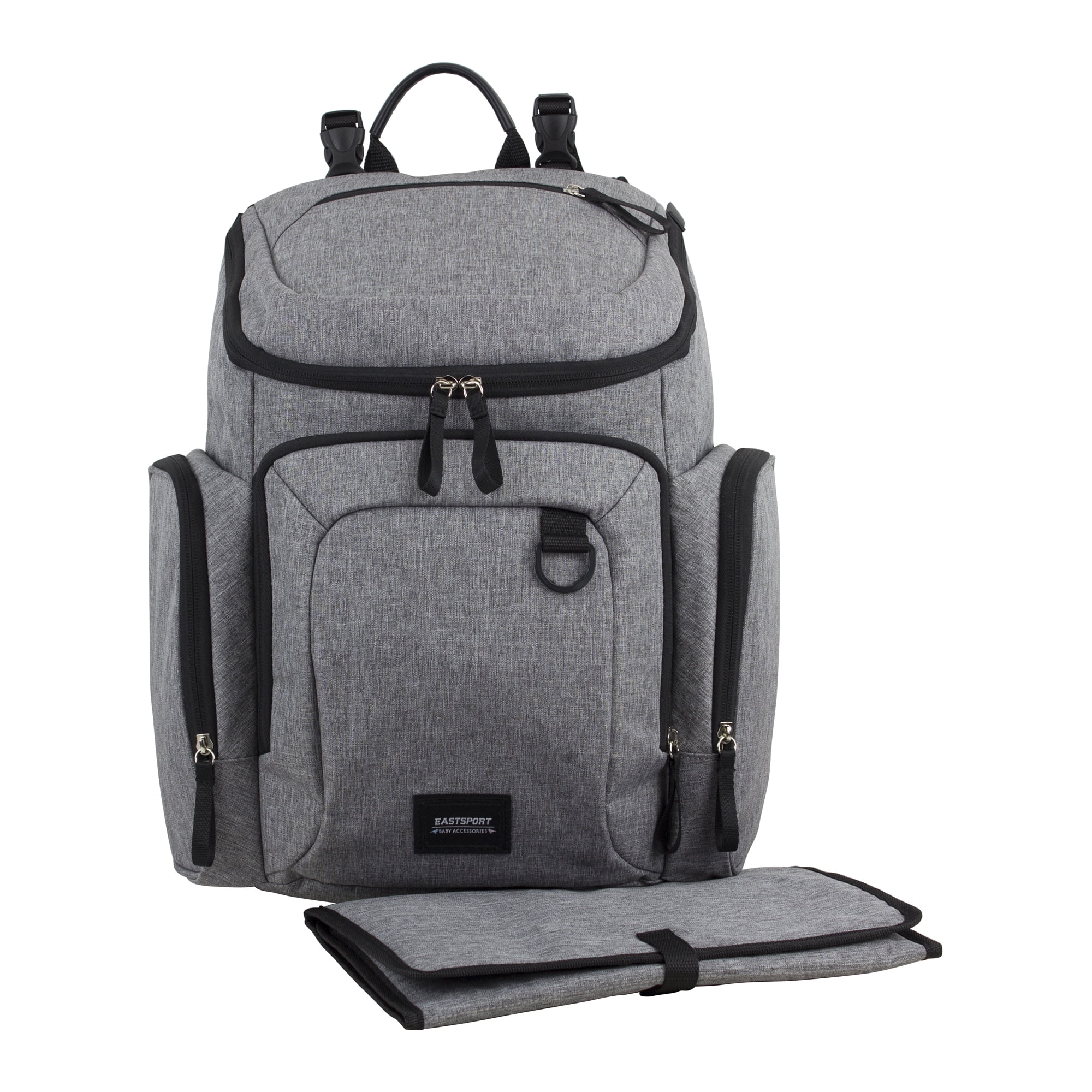Eastsport Wooster St. Large Backpack Diaper Bag with Adjustable Shoulder Straps, Changing Pad, Stroller Straps, Insulated Zipper Pockets, Light Grey