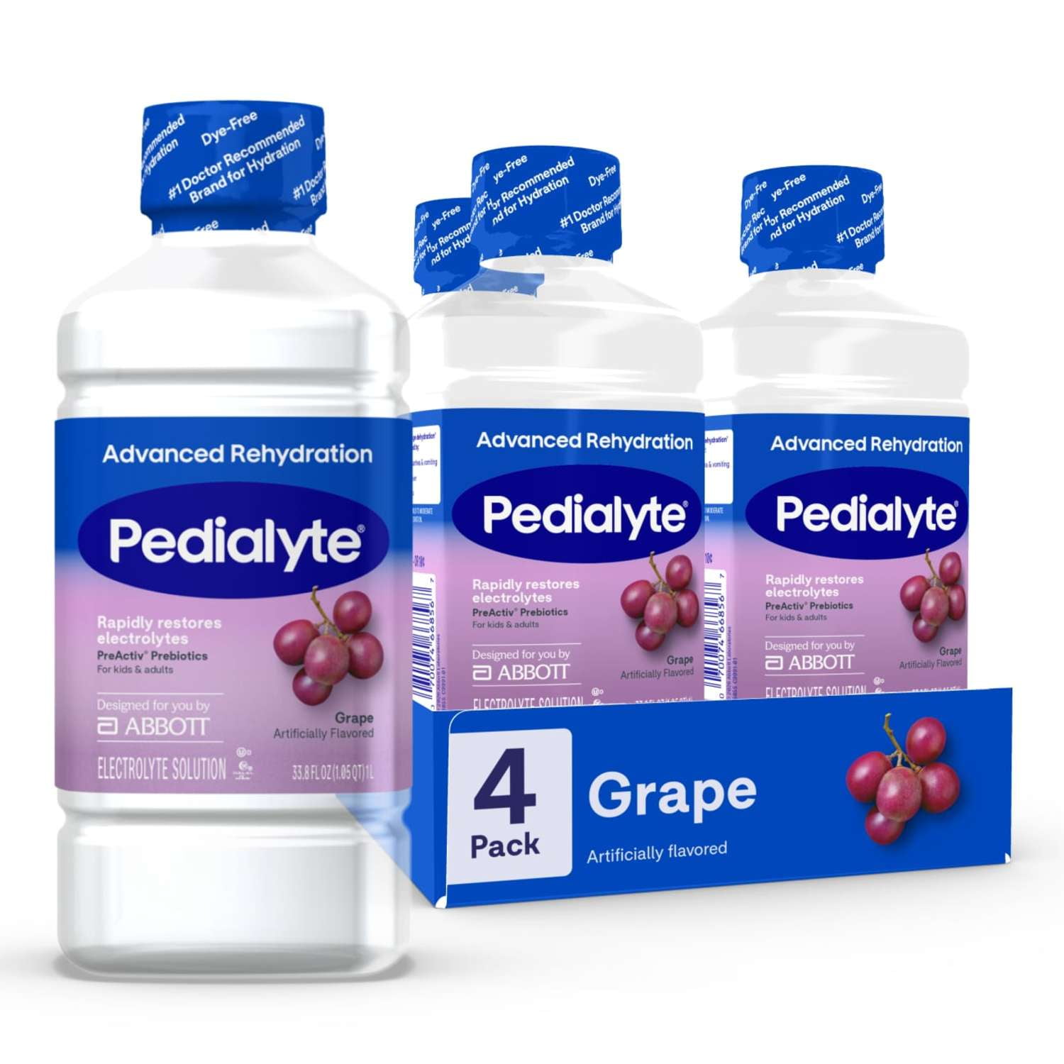 Pedialyte Advanced Rehydration Electrolyte Drink, Grape, 1 Liter, Pack of 4