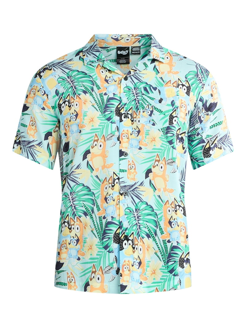 bluey dress shirt men Bluey Men's Hawaiian Print Button-Up Shirt with Short Sleeves, Sizes XS-3XL