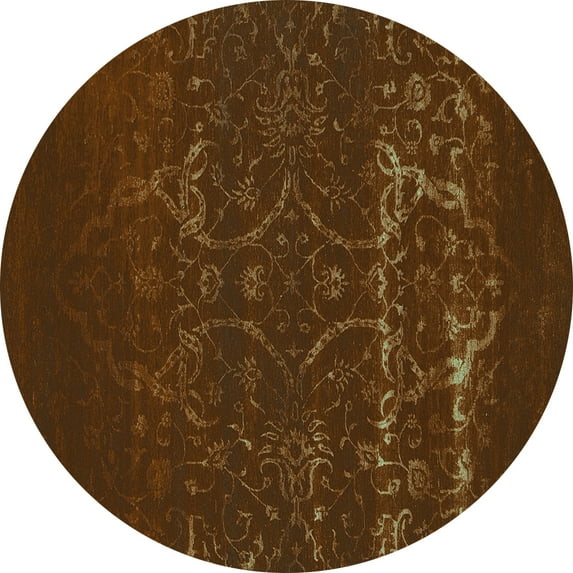 Ahgly Company Machine Washable Indoor Round Oriental Turquoise Blue Industrial Area Rugs, 4' Round