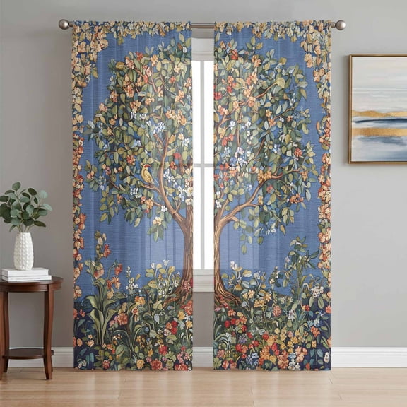 Flowers Trees Sheer Curtains 84 Inch Length 2 Panels Set, Boho Vintage Floral Botanical Plant Birds Voile Window Treatment Rod Pocket Curtains Sheers Drapes for Bedroom/Living Room/Kitchen 52"x84"x2