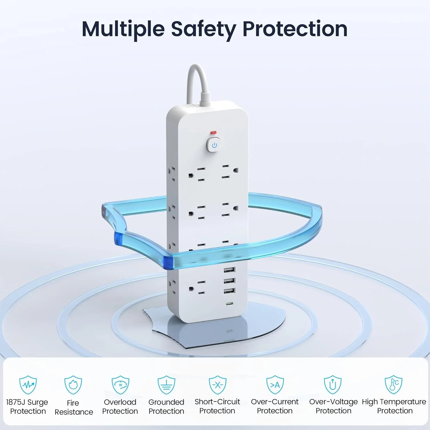 BEISHINK Power Board Surge Protector, Flat Plug Extension Cord of 5 Feet, with 14 Sockets and 4 USB Chargers, 1875J Multi-Plug Board, Suitable for Home, Office, University Dormitory Rooms, White