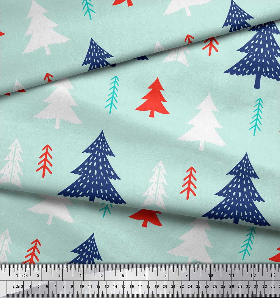 Soimoi Green Heavy Satin Fabric Christmas Tree Printed Craft Fabric by the Yard 54 Inch Wide