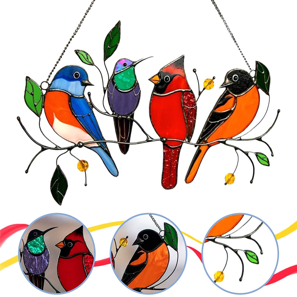 Bird Series Ornaments Pendant Home Decoration Multicolor Birds on a Wire High Stained Glass Suncatcher Window Panel Gifts for Bird Lover for Garden Home 4birds 