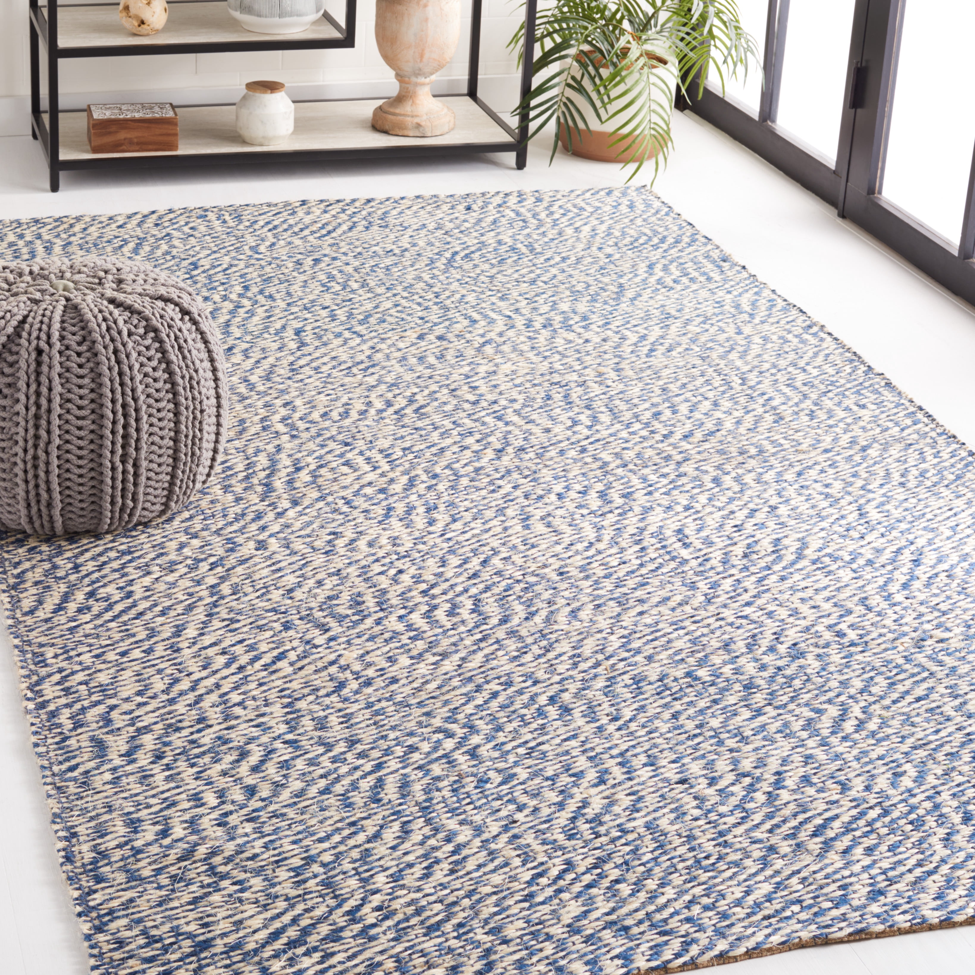 SAFAVIEH Natural Fiber Lars Solid Area Rug, Blue/Ivory, 8' x 8' Square