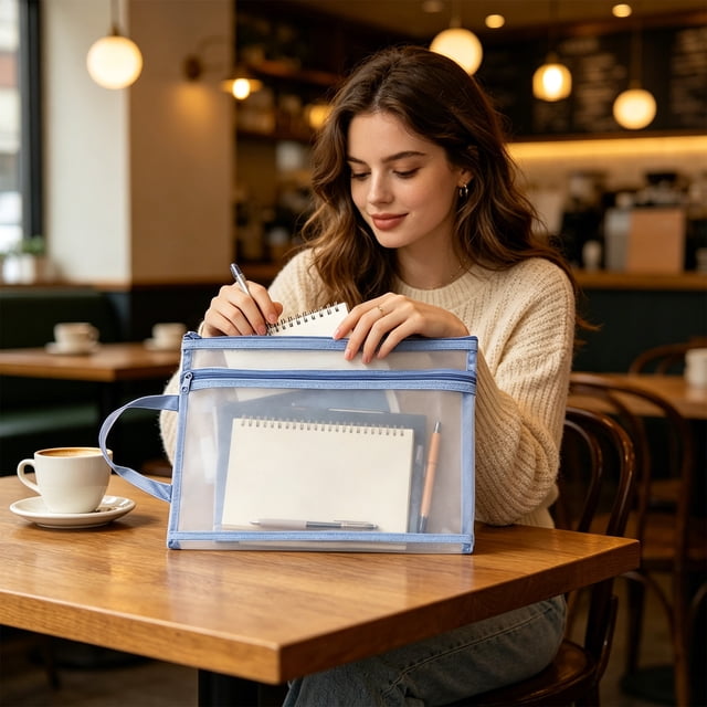 Bolsa de malla de gran capacidad con diseño de doble capa transparente: estuche con cremallera para organizar tareas, exámenes y documentos con asa.