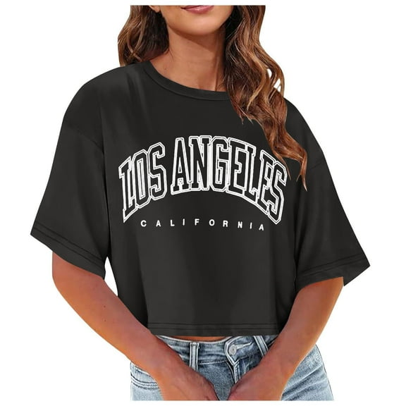 Blmnix Womens Tops Short Sleeve Black Fall Crop Casual Los Angeles Letter Crew Neck Tops for Lady Trendy