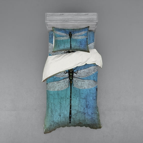 Ambesonne Grunge Bedding Set 3 Pcs, Dragonfly Bug Turquoise, Twin, Turquoise Dark Blue