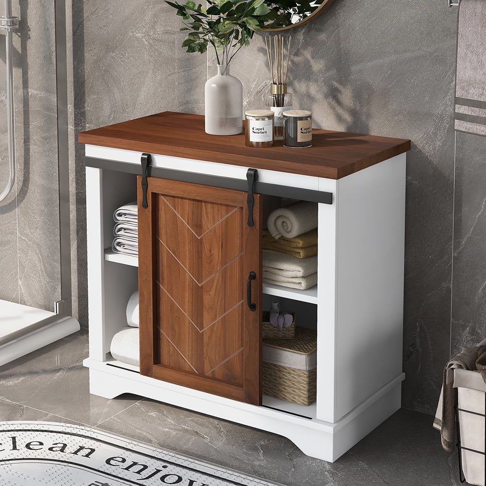 Resenkos Freestanding Bathroom Storage Cabinet,Brown Sliding Barn Door, Thick Top, Adjustable Shelf, White and Brown