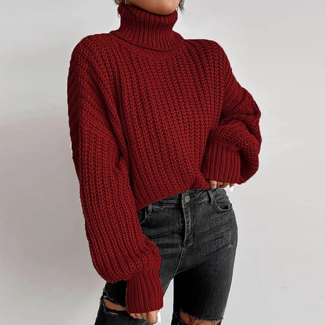 VgaVtl Chandails à Col Montant pour Femmes Grande Taille à Manches Longues Chandails d'Automne pour Femmes Plus Unis Chauds Tricotés Rouges Chandails Amples