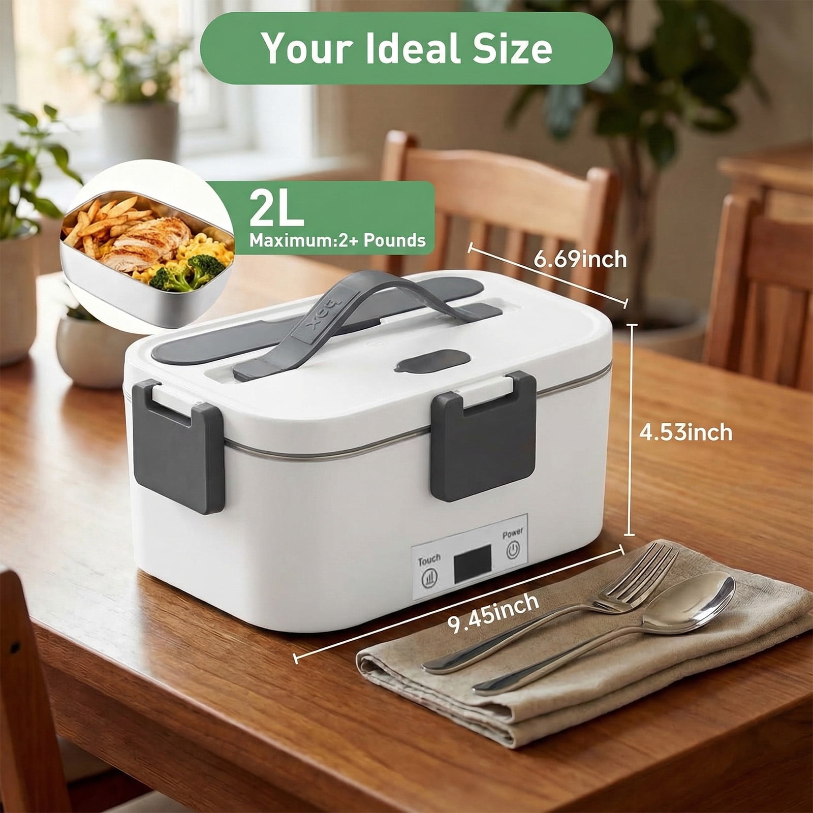 Electric Lunch Box Food Heater, Upgrade 100W High Power Portable Food Warmer, Heated Lunch Box for Adults Car/Home with 2L Removable Stainless Steel Container, 12V/24V/110V/220V,White