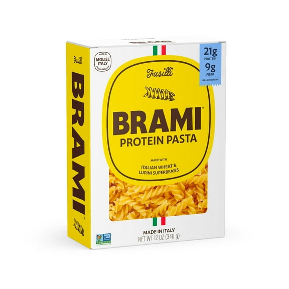 Brami Fusilli High Protein Pasta, Made in Italy, 21g Protein, High Fiber, Low Carb Vs. Regular Pasta Noodles, Durum Wheat Plus Lupini Beans, Bronze Cut Shelf-Stable Noodles, 12 oz Box