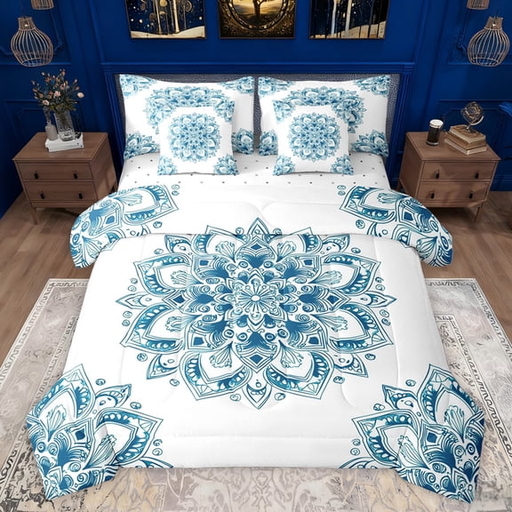 jejeloiu Retro Boho Flowers 7-Piece Twin Bedding Sets,Bohemian Medallion Gloral Bedding Comforter Set,White Cyan Sheet Sets For Girls Kids,Super Cozy Room Decor Reversible
