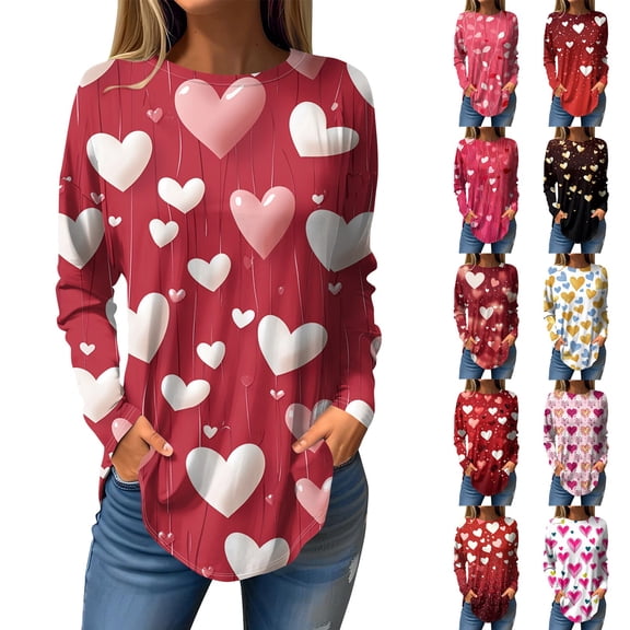 Inglocry Valentine's Day Women's Funny Heart Printed Shirt Fashion Casual Long Sleeve Shirts 2026 Crew Neck Pullover Top Deep Red XL