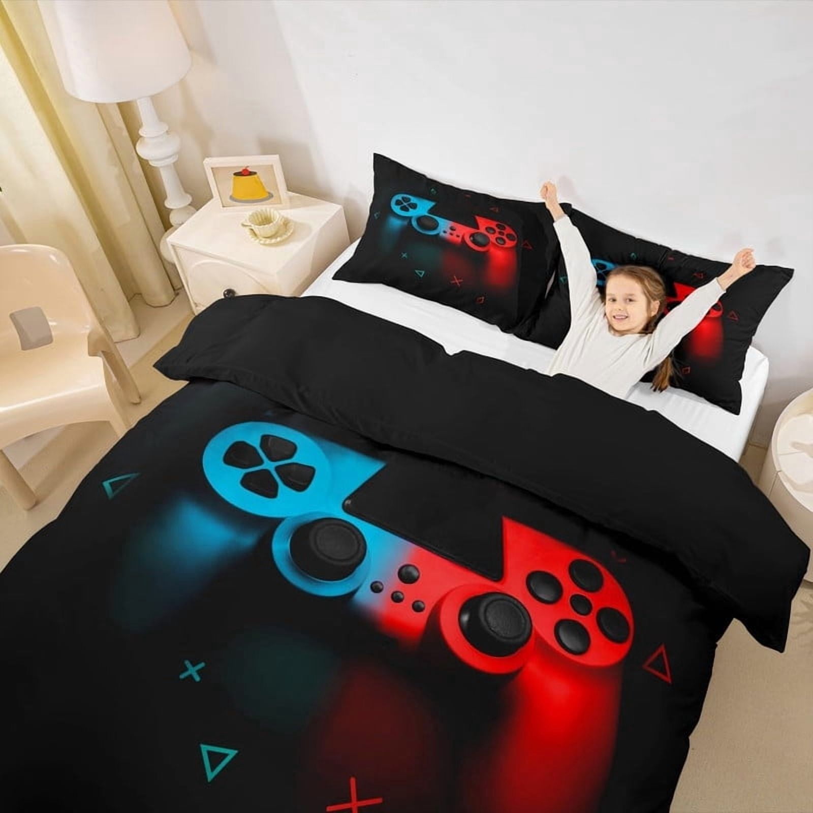 Twin Size Gaming Bedding Set - Soft Microfiber Comforter with Controller & Button Design - for Kids, Teens, Adults - Includes Pillow Sham - Gamer Room Decor